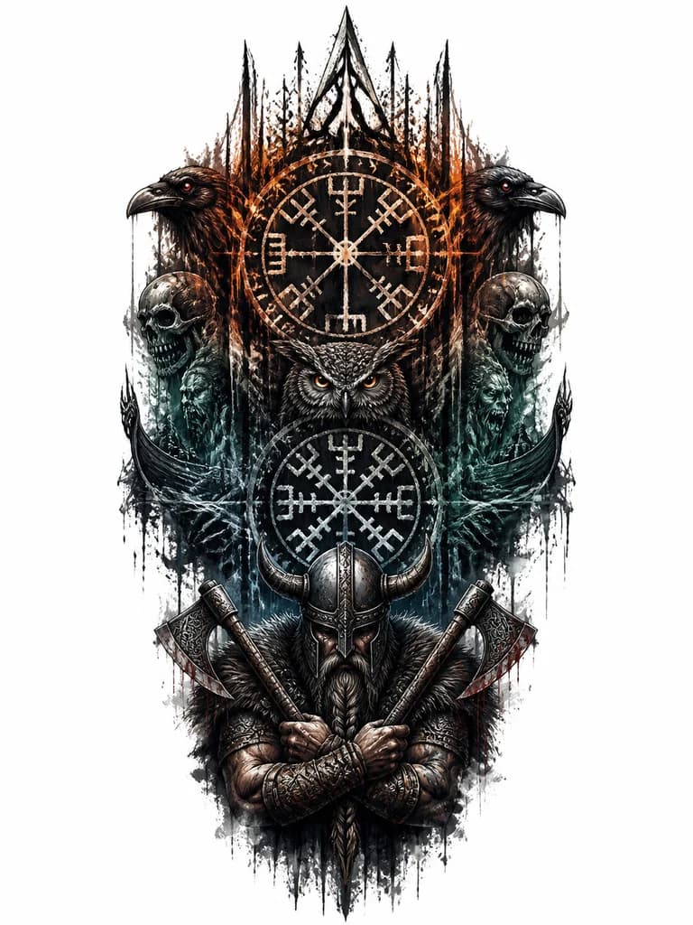 Тату эскиз: В последнем изображении нужно верхний знак сделать Vegvisir а нижний знак Aegishjalmr (The Helm of Awe), эти знаки тоже должны быть в стиле скетч стиль краски, также изображение должно быть немного вытянутее сверху вниз и сильнее сужаться к низу, вороны и сова должны быть меньше желательно одни головы, викинг с бородой и мышцами в накидке и шлеме с рогами держит топоры скрещёнными перед собой внизу, над верхним знаком тоже узоры с заострением кверху в виде стрлеки