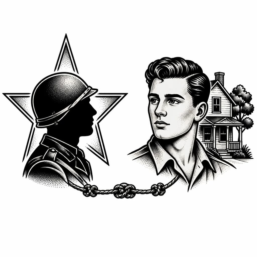 Тату эскиз: Композиция из двух частей. Слева — силуэт солдата в берете/каске (профиль), за ним — слабый контур звезды или шеврона. Справа — портрет дедушки в молодости (стилизованный, не фотореализм), за ним — дом с крышей и деревом у крыльца. Между фигурами — тонкая цепь или нить с узлами (связь поколений). Стиль: графика, полутона.