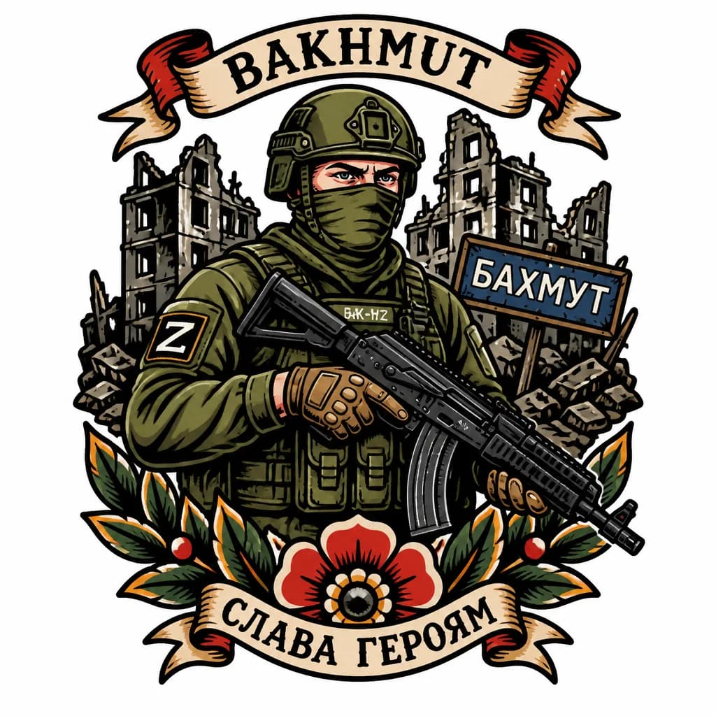 Тату эскиз: Солдат с автоматом ак-12 стоит на фоне разрушенного города Бахмут, лицо закрыто бафом
