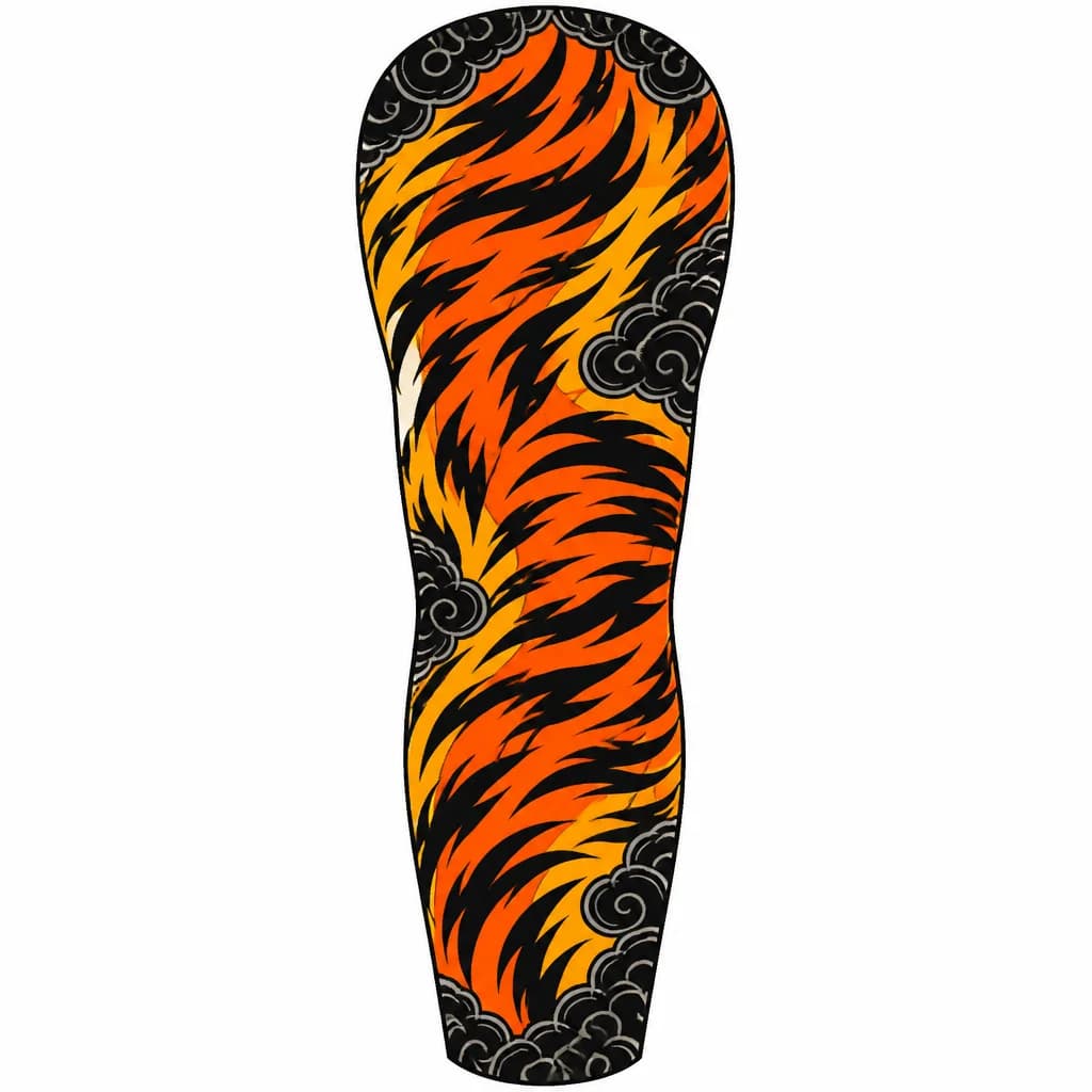 Тату эскиз: Extreme close-up full sleeve tattoo design, Japanese Irezumi style. Ultra-dominant abstract tiger stripes pattern aggressively wrapping around the arm. Heavy focus on the seamless texture of sharp, thick black tiger stripes over a vibrant fiery-orange and rich golden-yellow gradient background. The tiger fur pattern covers 90% of the design, with minimal traditional black wind bars blending only at the edges. No tiger face, pure high-contrast animal texture and movement, clean line art, tattoo 