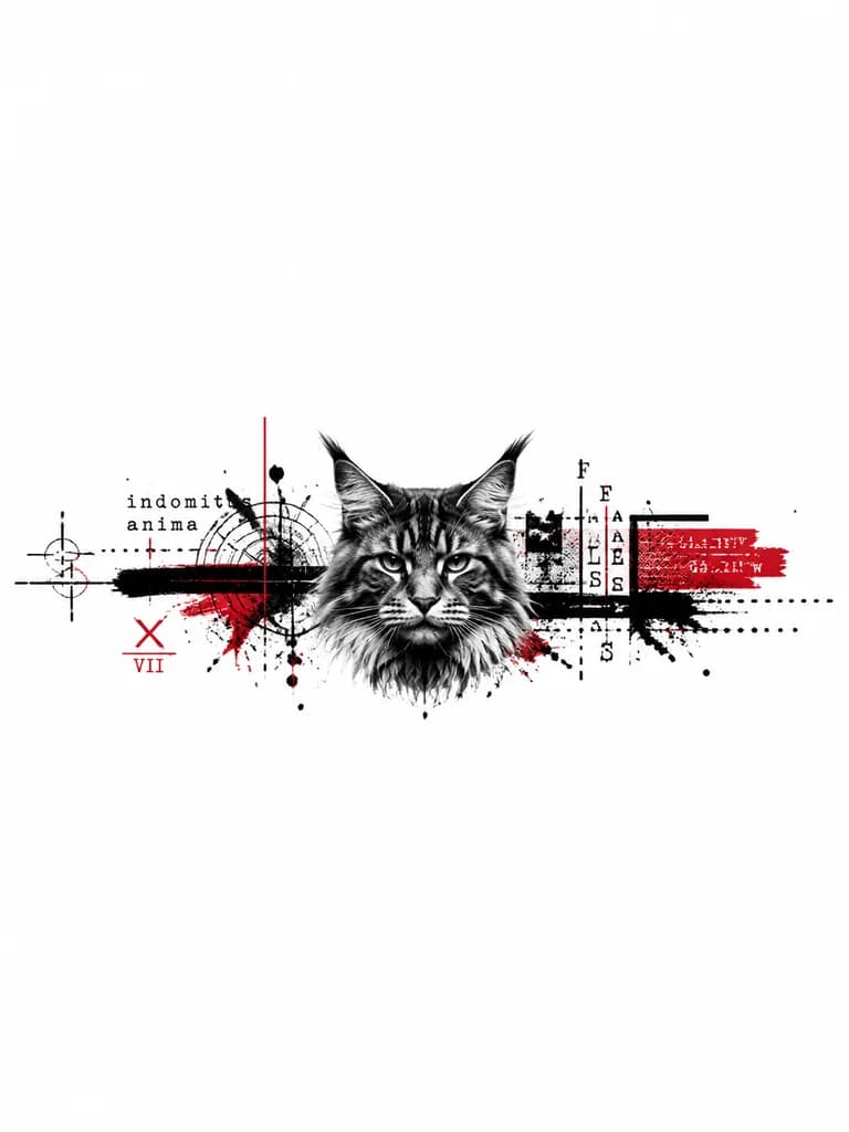 Тату эскиз: Кошка мейн Кун вокруг запятсия