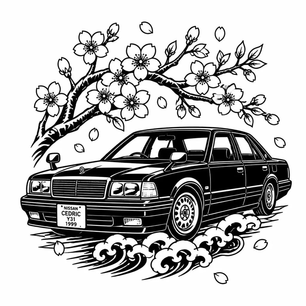 Тату эскиз: чёрный nissan cedric 1999 года в кузове Y31 и с зеркалами на крыльях. Тату чёрной краской под сакурой