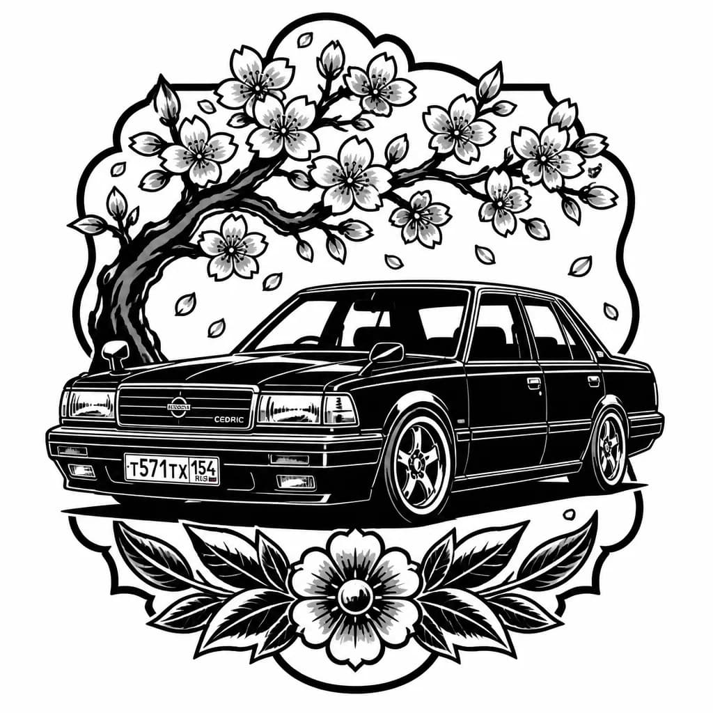 Тату эскиз: чёрный nissan cedric 1999 года в кузове Y31 и с зеркалами на крыльях. Тату чёрной краской под сакурой на литых дисках и квадратными номерами Т571ТХ154