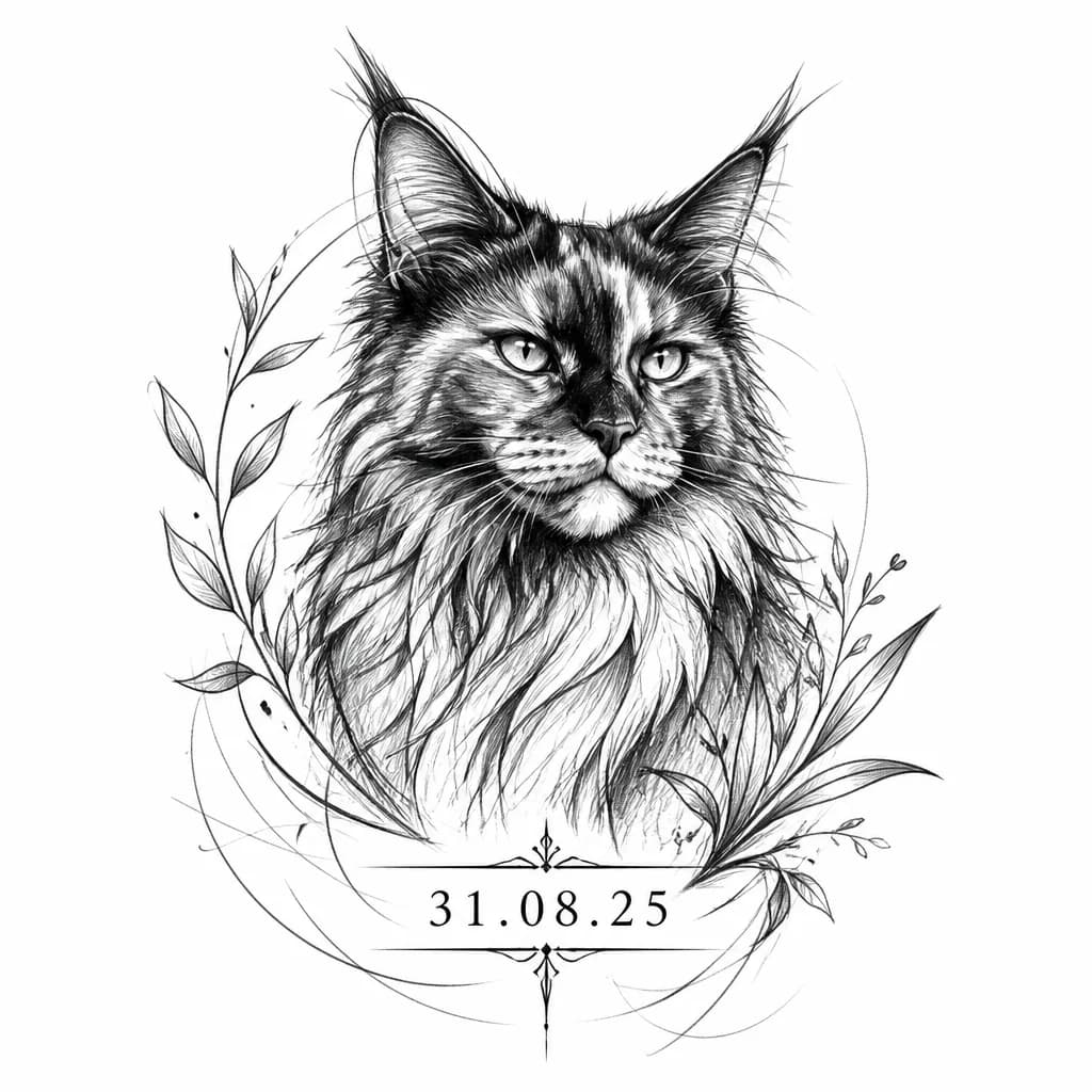 Тату эскиз: кошка мейн кун черепаховая