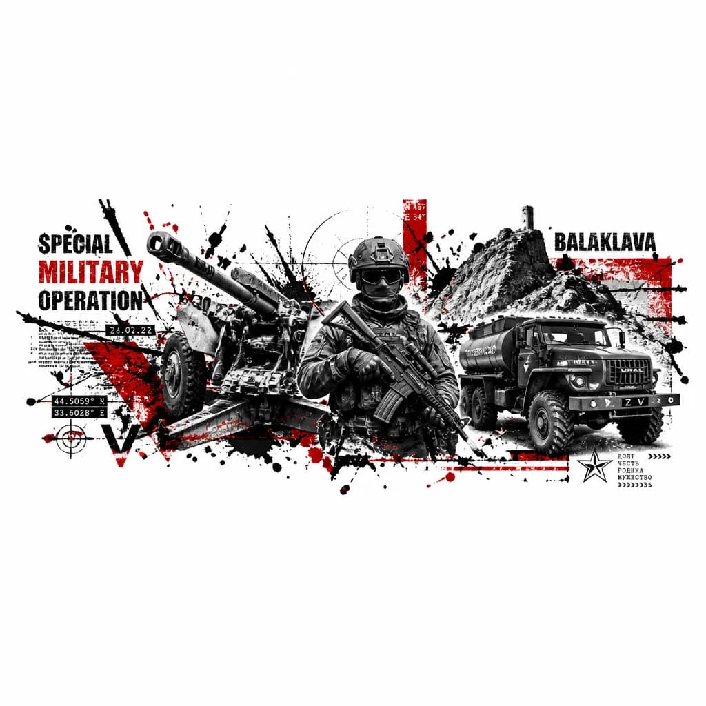 Тату эскиз: Специальная военная операция гаубица д30 выстрел боец с автоматом в разгрузке в Балаклаве военный Урал топливозаправщик