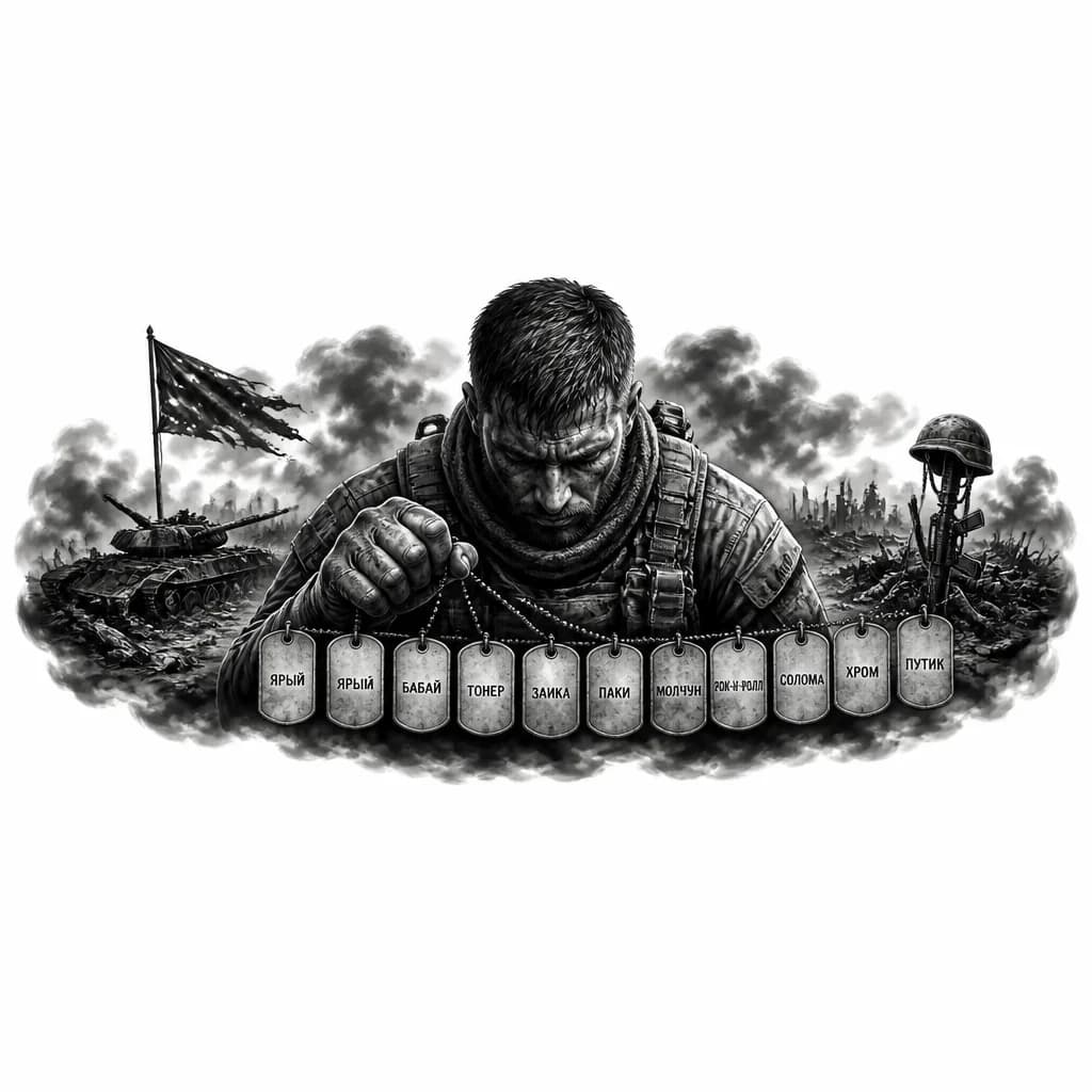 Тату эскиз: Выживший русский боец держит жетоны своих погибших товарищей