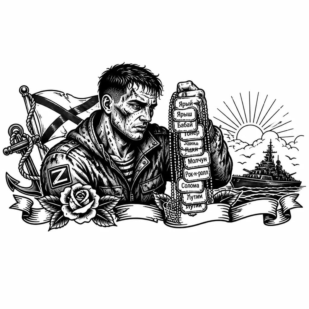 Тату эскиз: Выживший русский боец держит жетоны своих погибших товарищей
