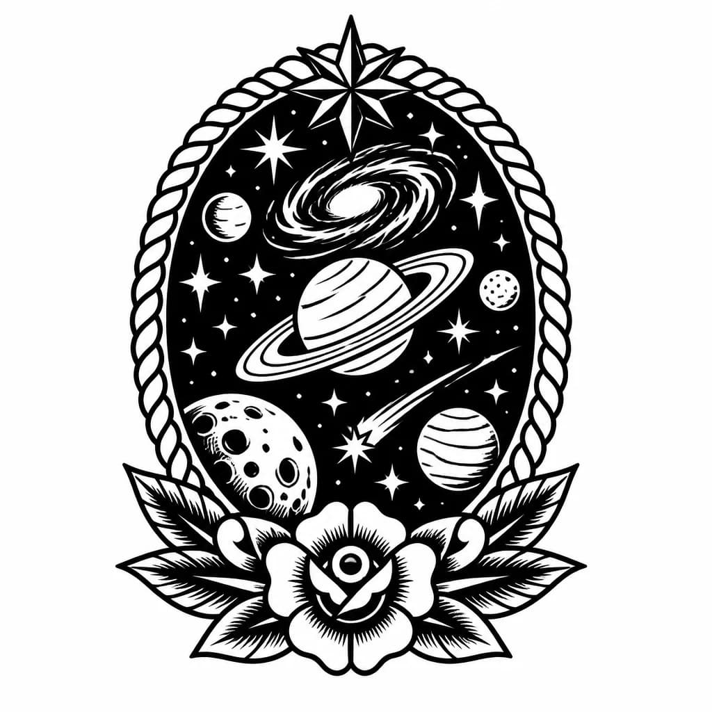 Тату эскиз: Космос с космическими объектами и планетами, blackwork