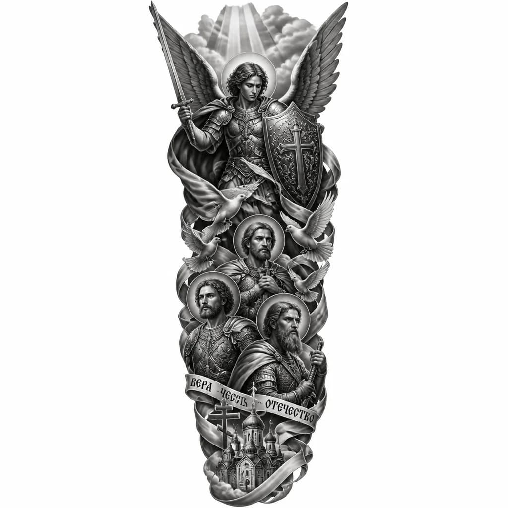 Тату эскиз: Татуировка в православном стиле 
Сверху архангел Михаил 
Три богатыря 
Голуби 
Православная тематика 
