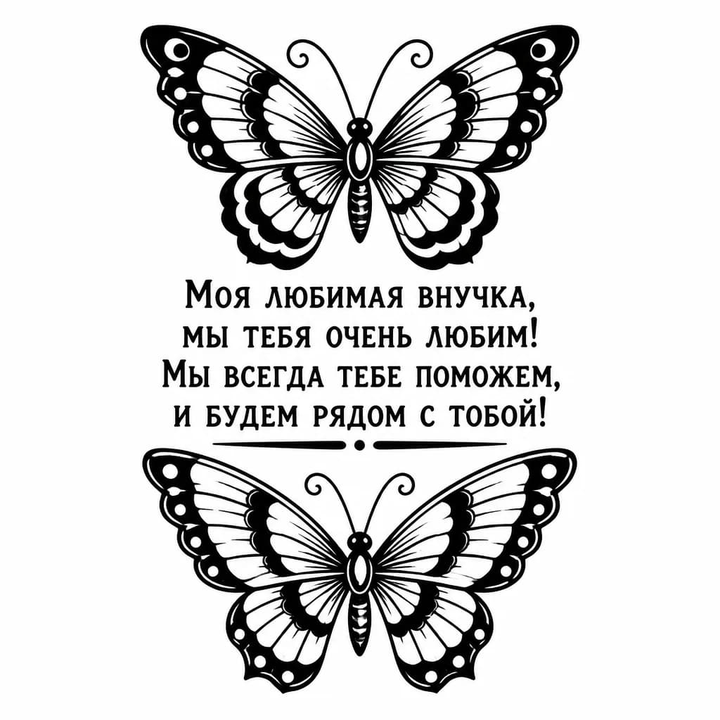 Тату эскиз: 2 бабочки, одна с верху, другая с низу и межу ними текст подчерком