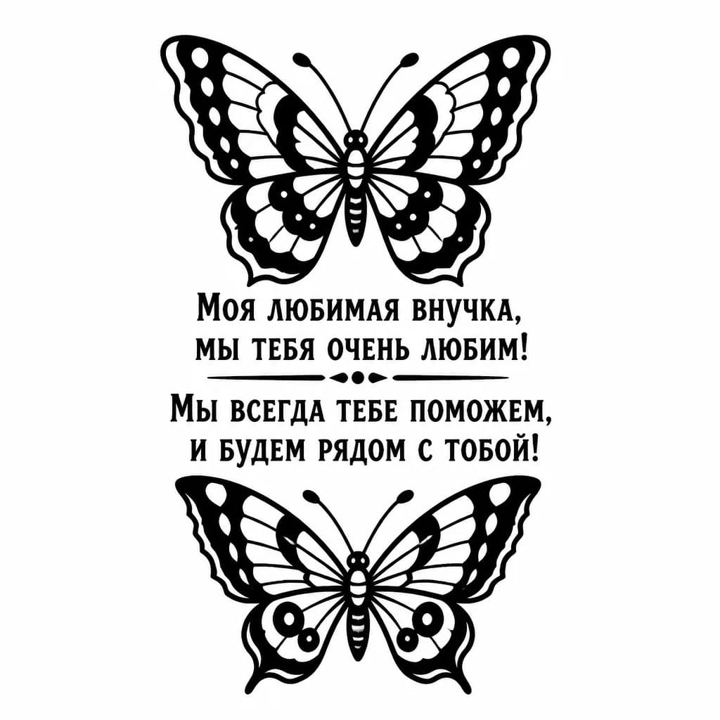Тату эскиз: 2 бабочки, одна с верху, другая с низу и межу ними текст подчерком