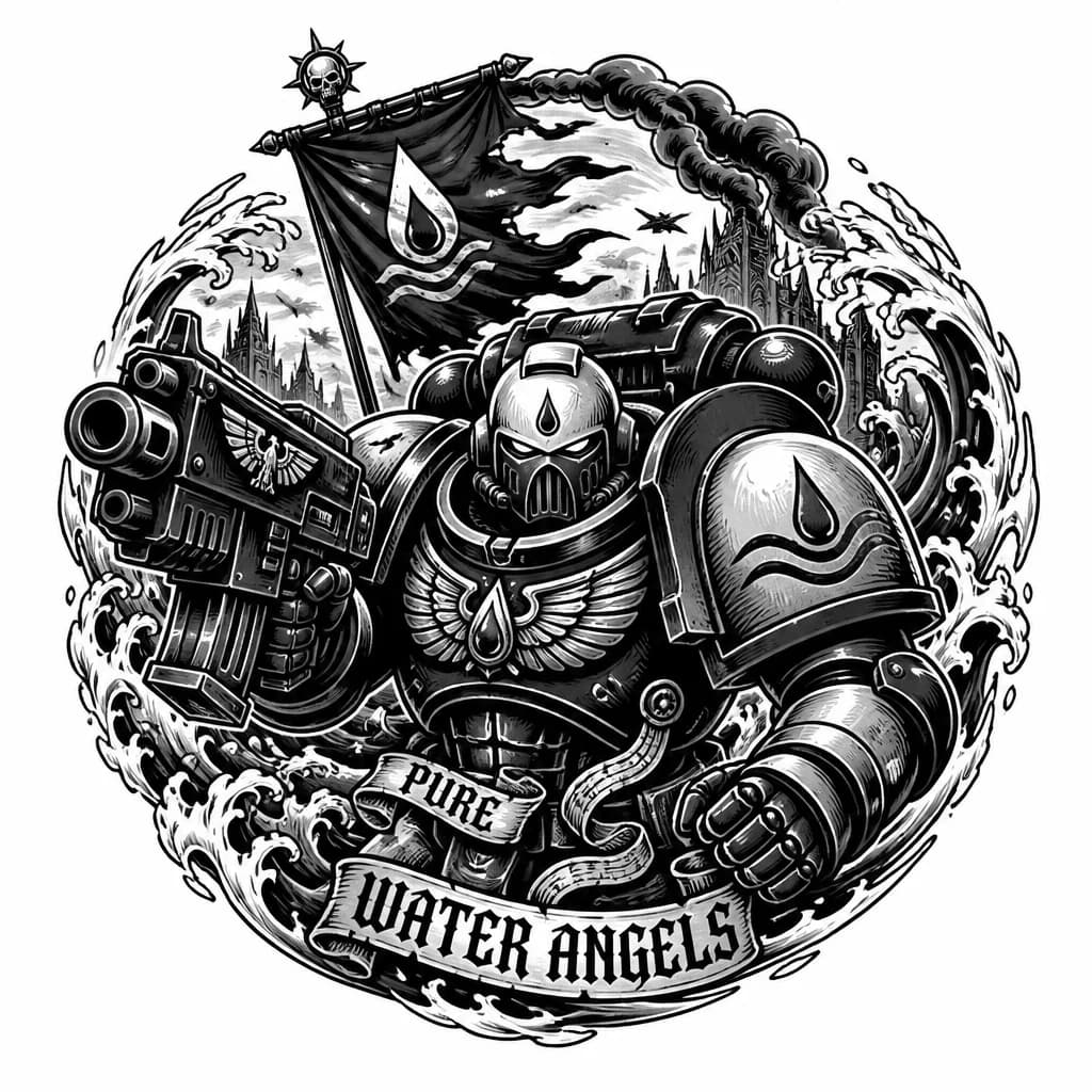 Тату эскиз: Космодесантник ордена кровавых ангелов из серии warhammer 40000 находящийся во время бой  