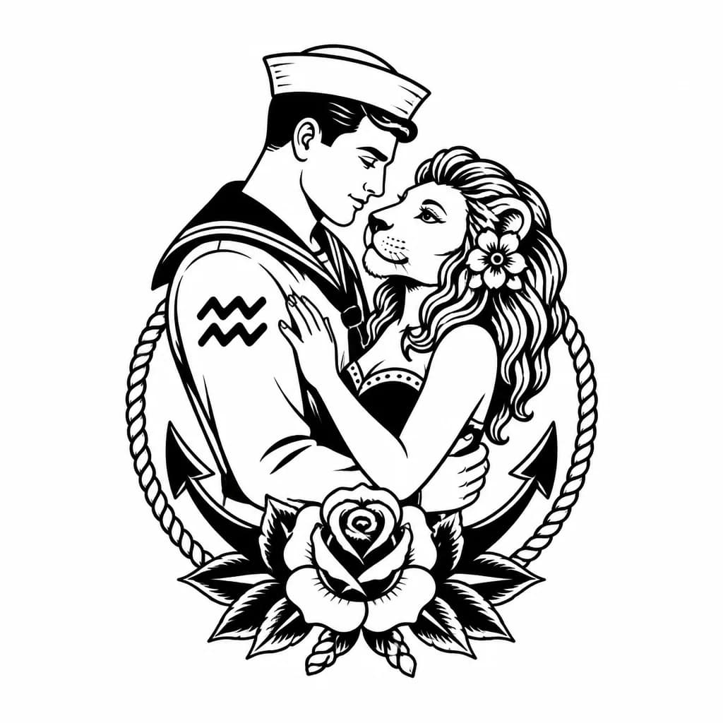 Тату эскиз: Парная тату с женой, что то особенное.  Она лев я водолей. 