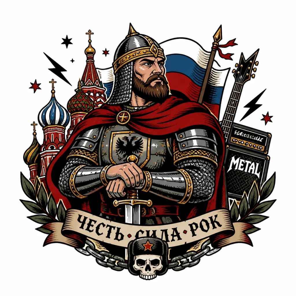 Тату эскиз: Русский богатырь стоящий на страже 
Любящий тяжёлую музыку 
