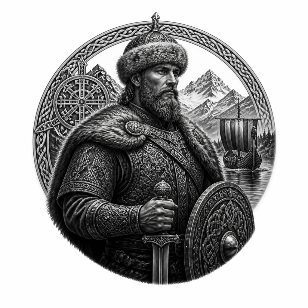 Тату эскиз: Русский богатырь стоящий на страже с элементами Скандинавии
