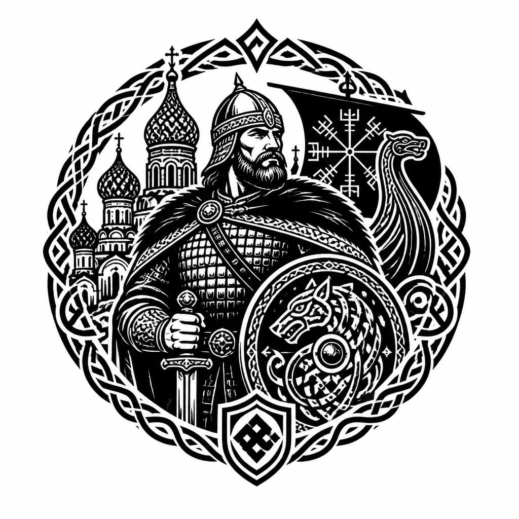 Тату эскиз: Русский богатырь стоящий на страже с элементами Скандинавии
