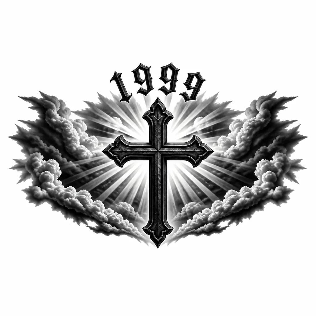 Тату эскиз: Чёрный крест,за ним фон тени,и цифры над крестом 1999
