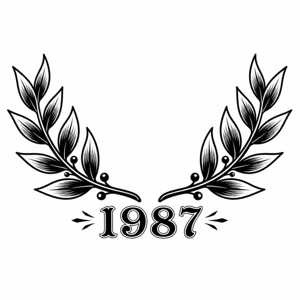 Тату эскиз: Две лавровые ветки под ними цифры 1987
