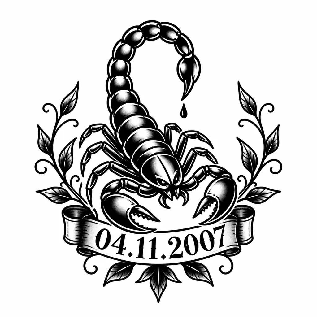 Тату эскиз: Скорпион с ядовитым жалом и датой 04.11.2007 с винками