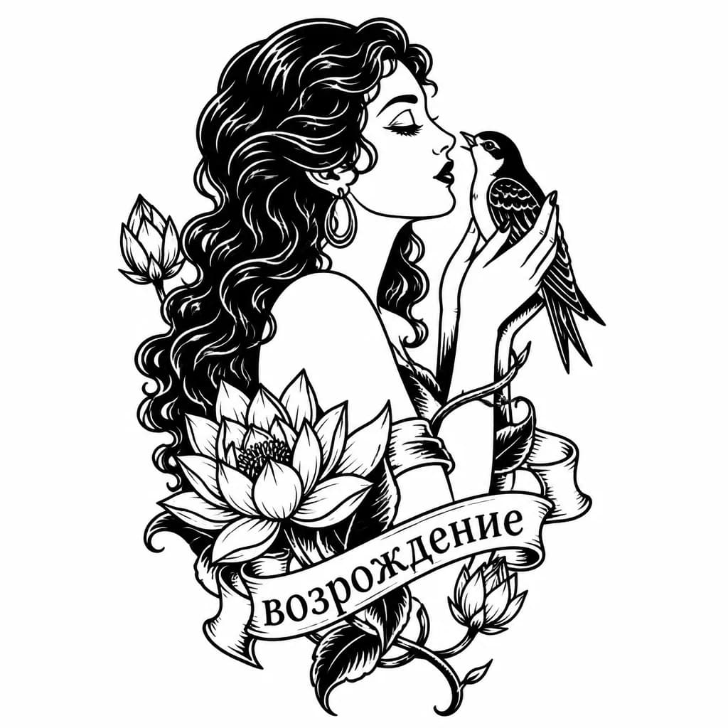 Тату эскиз: Верхняя часть туловища женщины в профиль.Женщина с длинными черными кудрявыми волосами, в ладонях держит птичку, голова к ней чуть чуть наклонена, как будто женщина шепчет птице. Вся тату на легком фоне. руки женщины оплетает цветок лотоса. Вплети надпись красивым шрифтом "возрождение"
