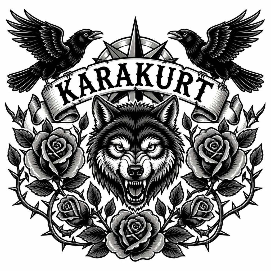 Тату эскиз: На спине слово. KARAKURT волк,вороны и розы
