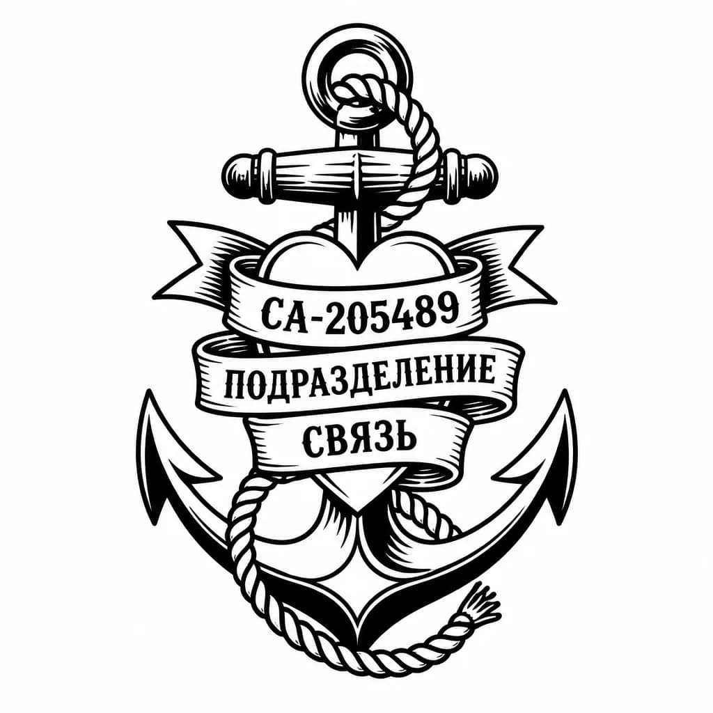 Тату эскиз: Создай тату с номером жетона СА-205489 ПОДРАЗДЕЛЕНИЕ СВЯЗЬ ДЛЯ ЖЕНЫ без якоря
