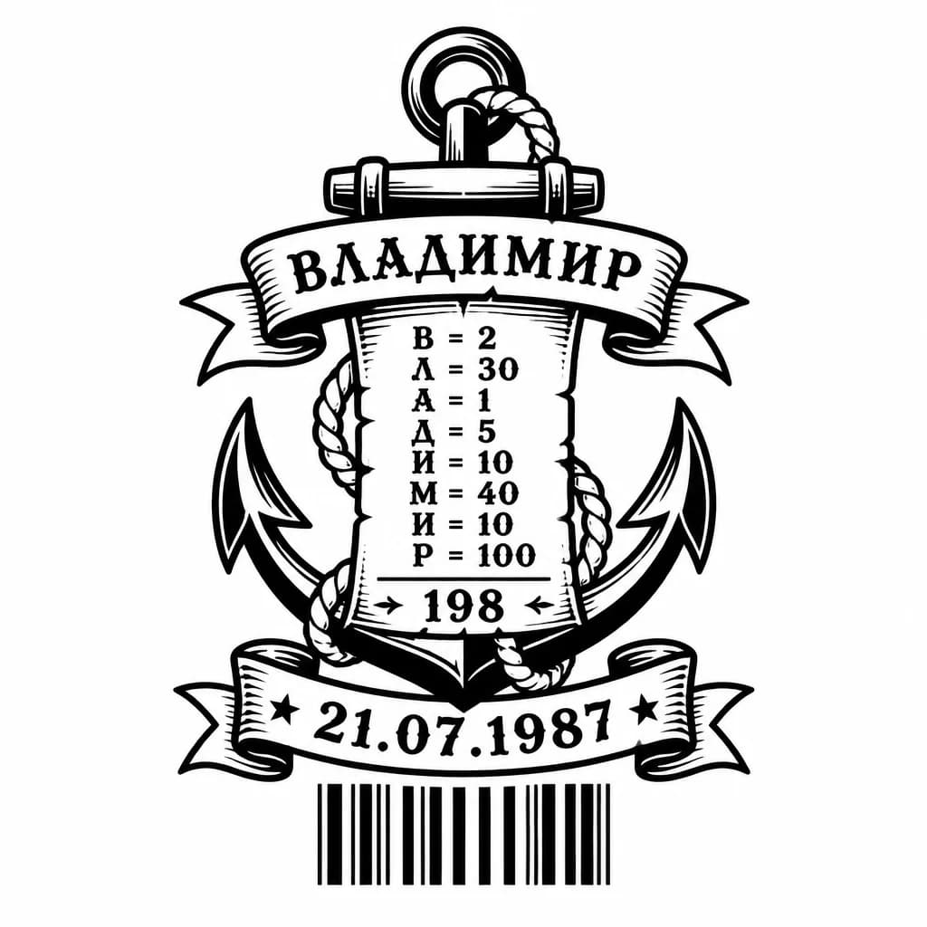 Тату эскиз: Штрихкод, дата рождения 21.07.1987. И указать имя Владимир при помощи чисел гематрия.
