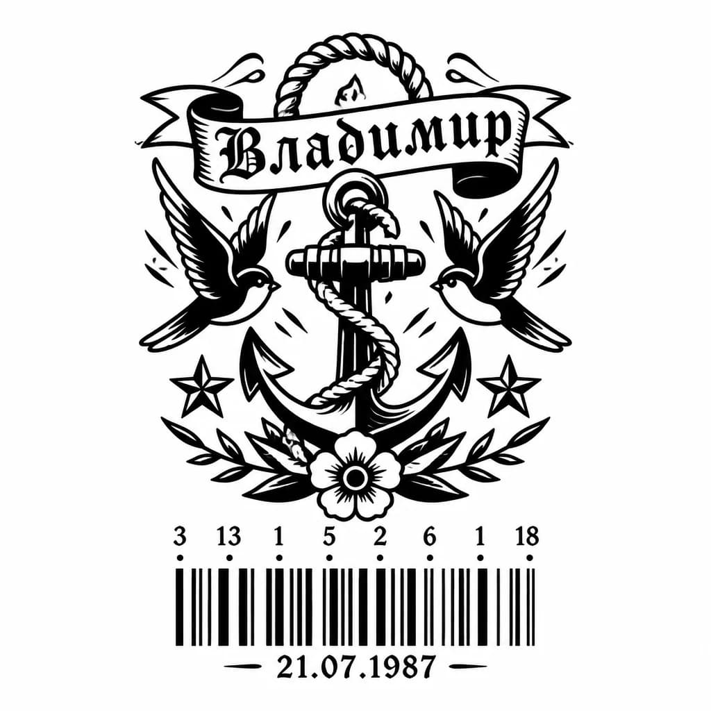 Тату эскиз: Только Штрихкод,внизу
 дата рождения 21.07.1987. И указать имя Владимир при помощи чисел гематрия.