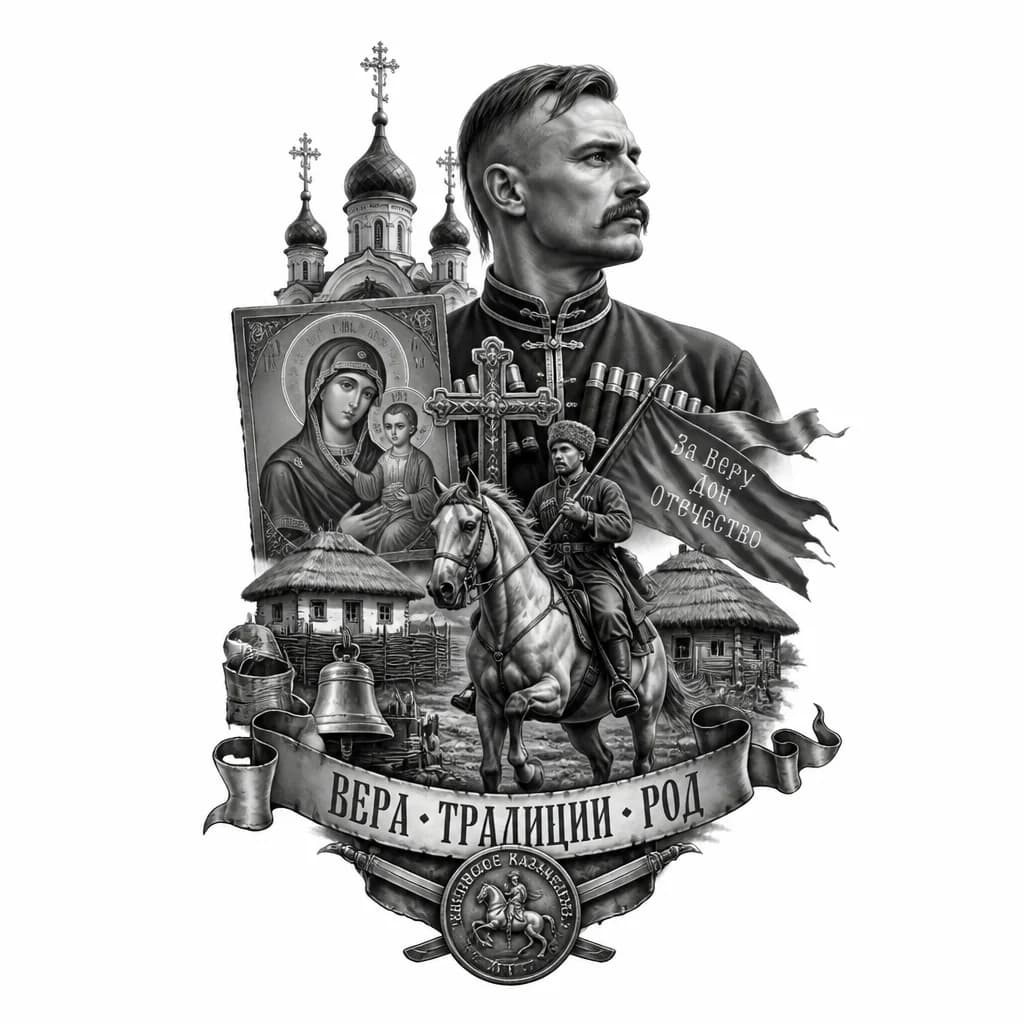 Тату эскиз: Вера, традиции, донские казаки, родная станица, поколение