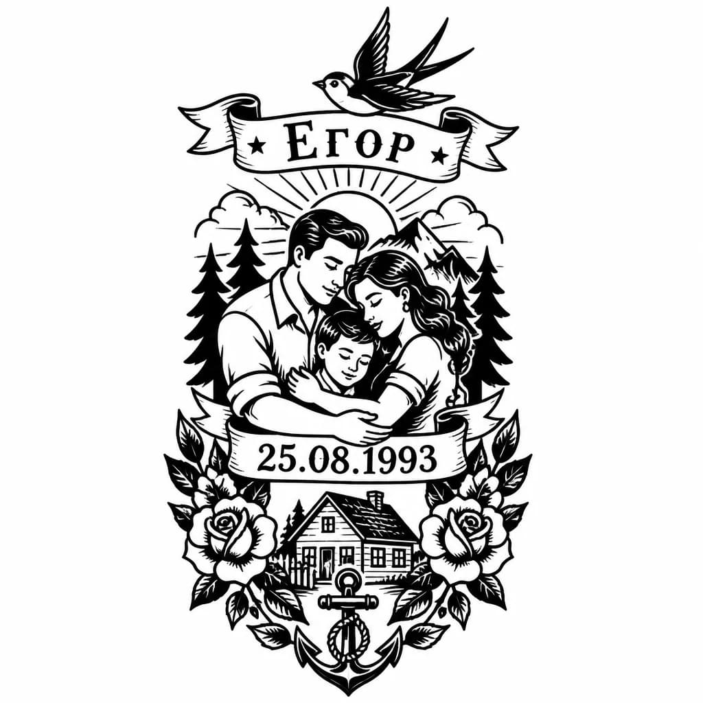 Тату эскиз: Имя Егор 25.08.1993г , семья, природа, дом 