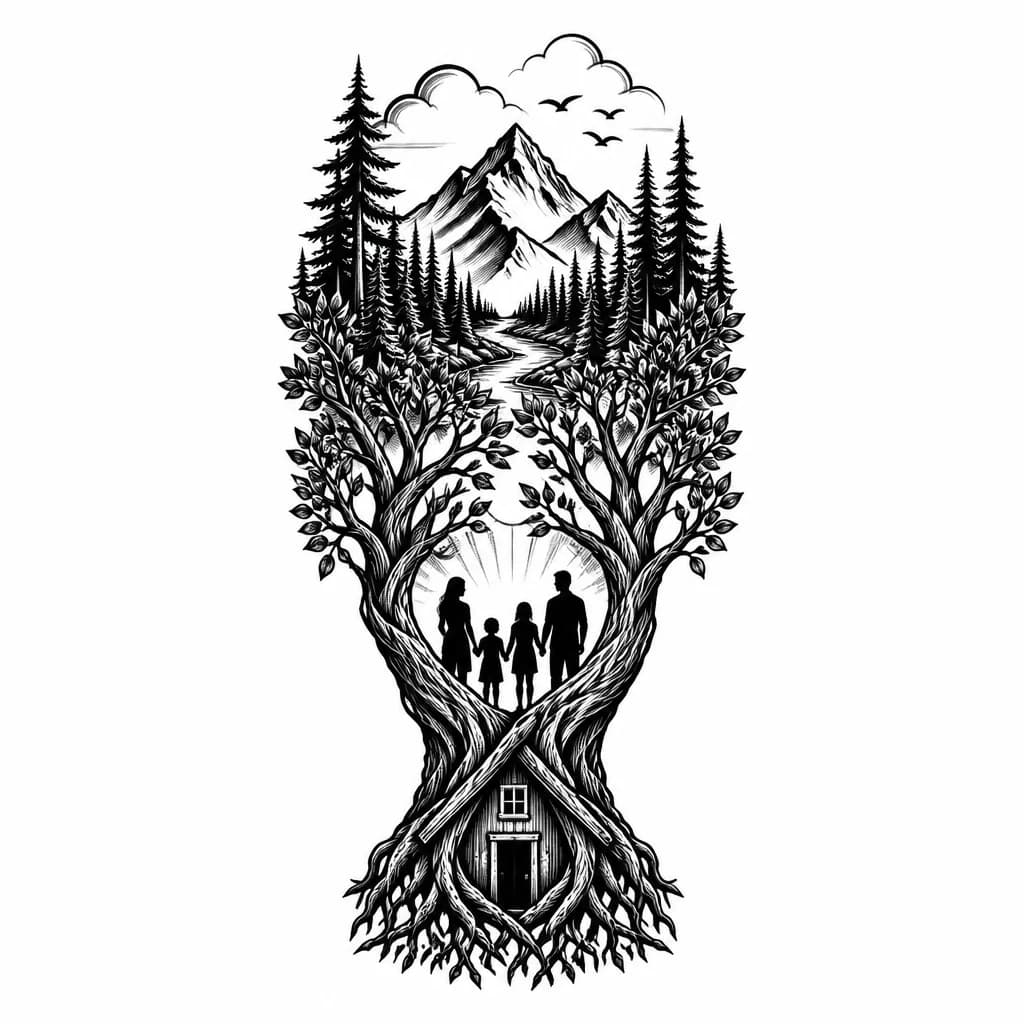Тату эскиз: Татуировка на голень в стиле blackwork и realism. Древо жизни, корни которого образуют контур дома, а ветви переходят в лес и горный пейзаж. Внутри дерева силуэты членов семьи. Символы тепла, рода, природы и преемственности поколений. Высокая детализация, плавные переходы теней, вертикальный формат для голени, художественный тату-дизайн