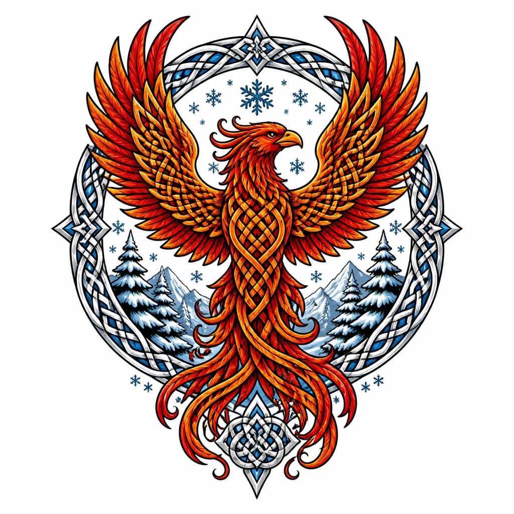 Тату эскиз: Феникс в снегу, славянский стиль
