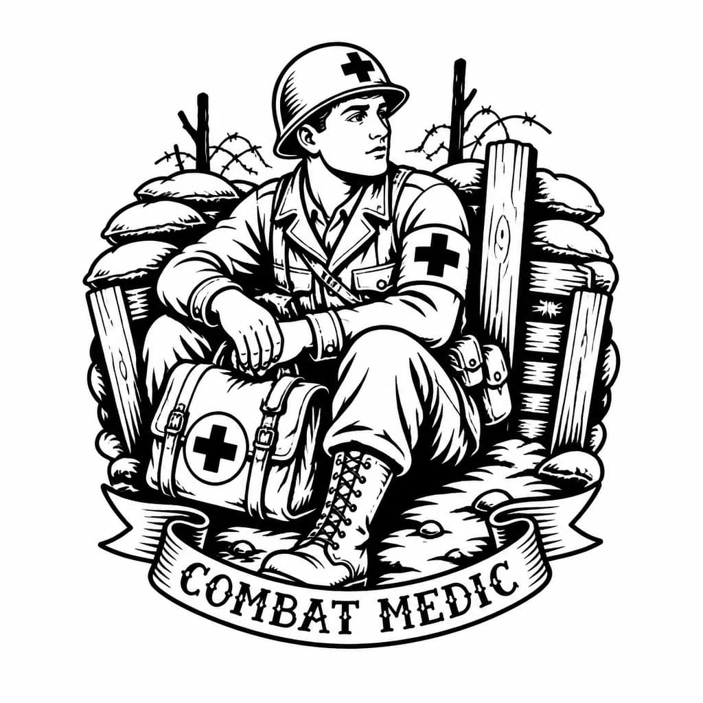 Тату эскиз: Военный медик сидит в окопе 
