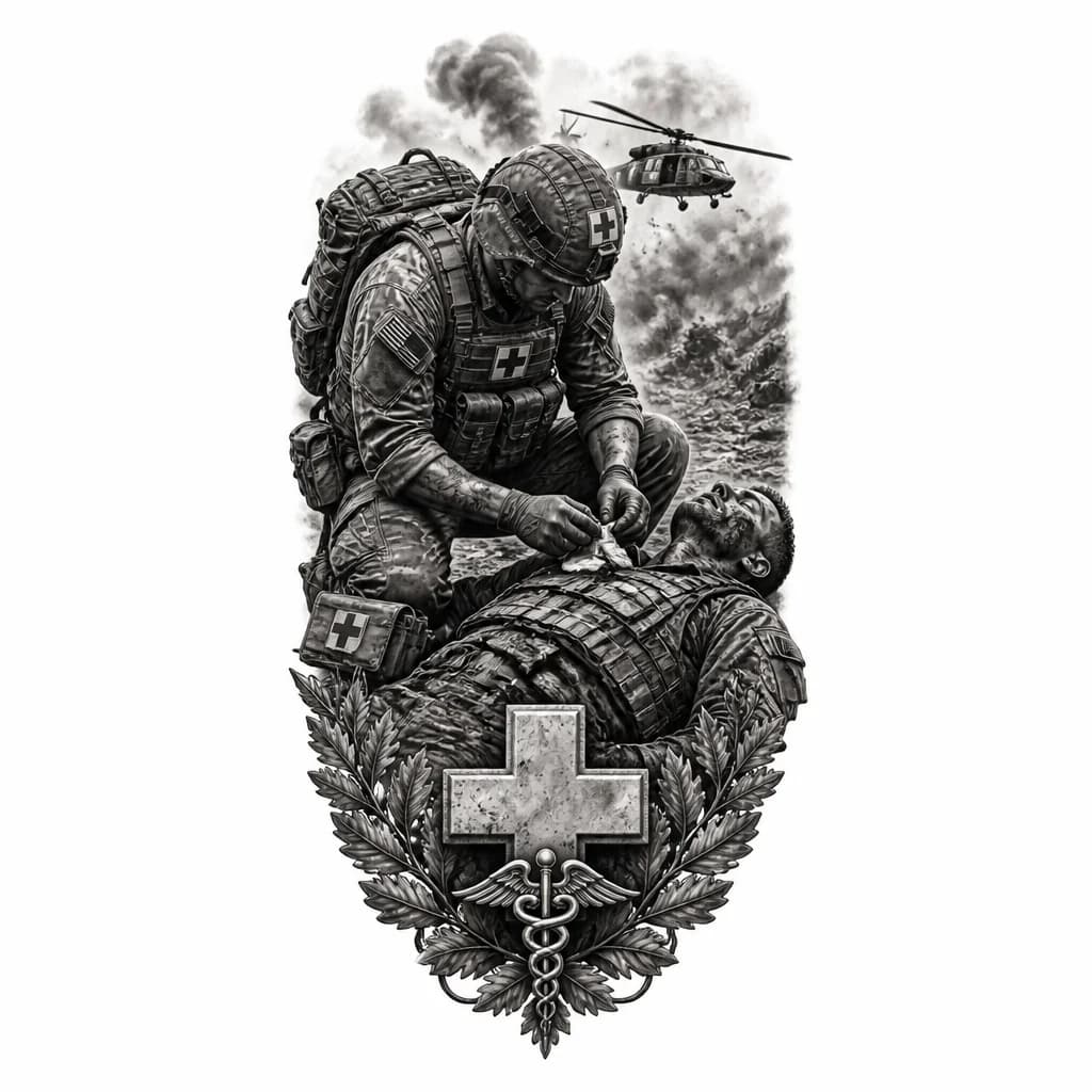Тату эскиз: Военный медик оказывает помощь раненому