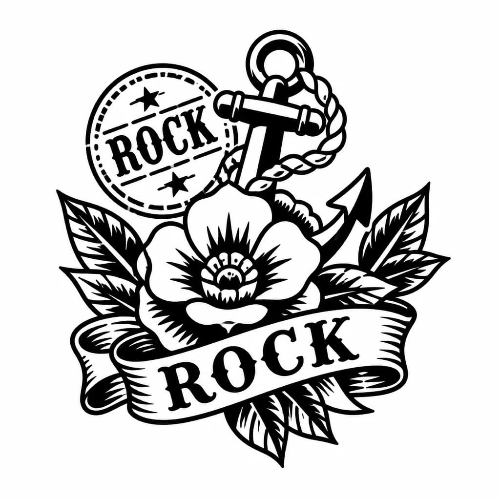 Тату эскиз: Чёрная метка "Rock", цветок красный, без ленточки, метка как печатная