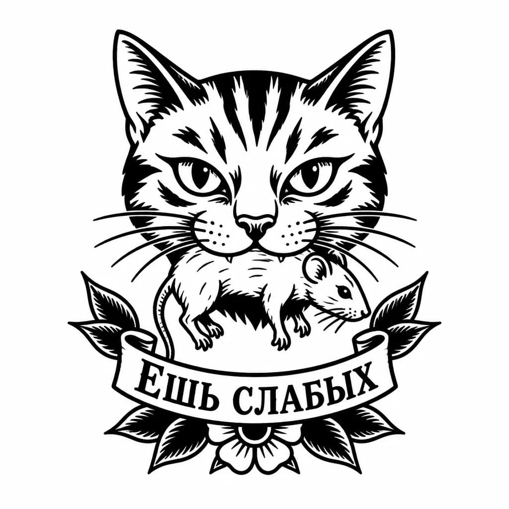Тату эскиз: Голова кота который держит во рту мышь