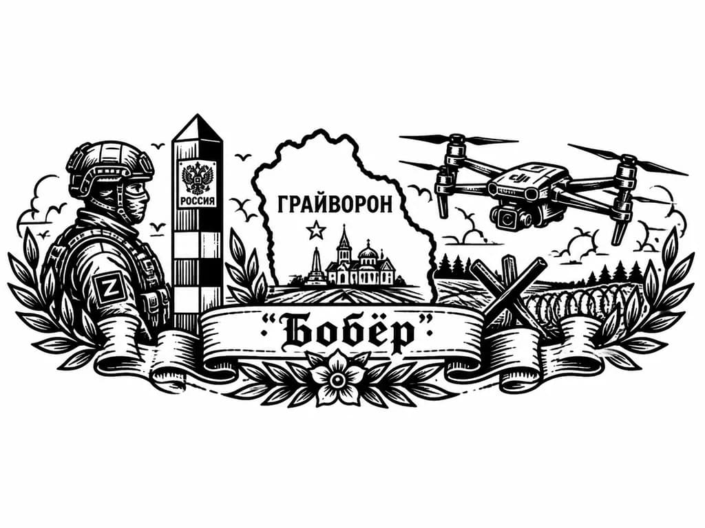 Тату эскиз: Государственная граница на участке Белгородской области , Пограничный знак , город Грайворон , военный , позывной Бобёр , квадрокоптер DJI