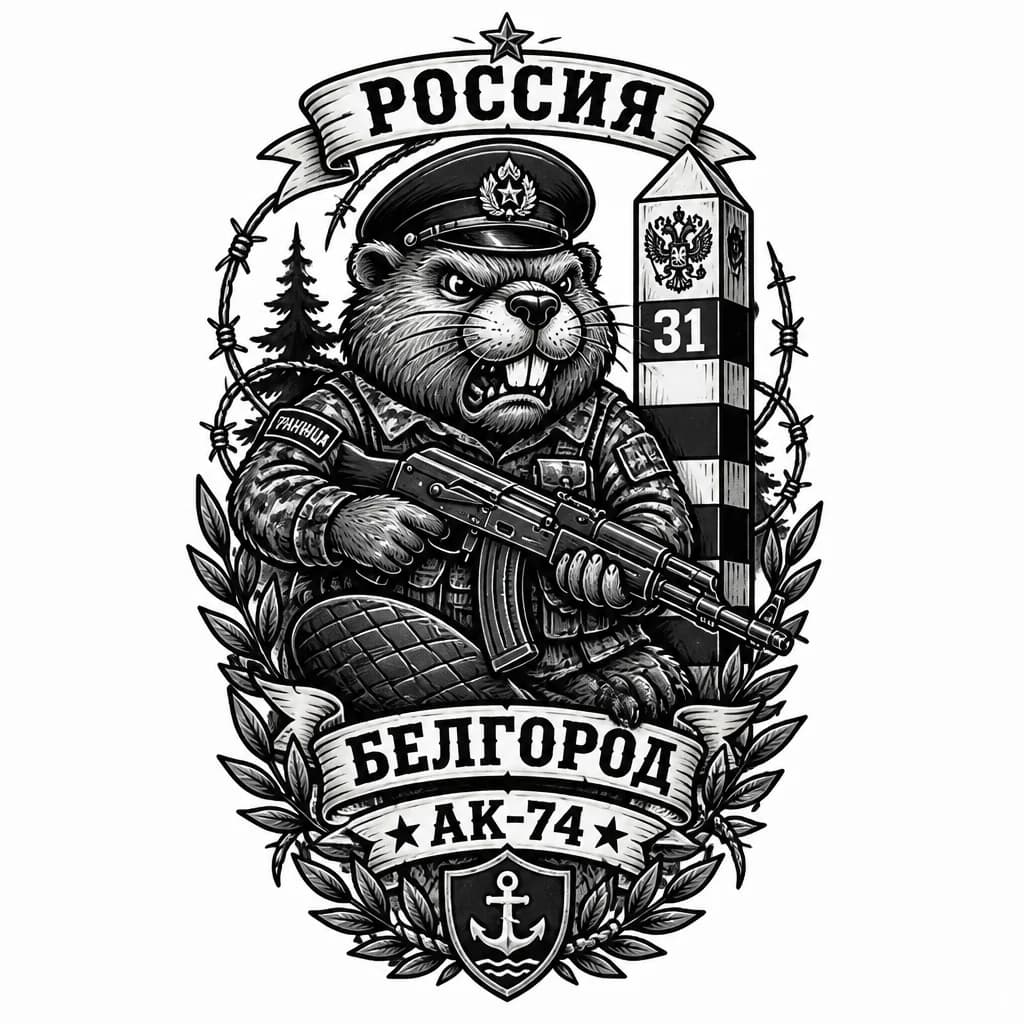 Тату эскиз: Злой Бобёр пограничник  с ак 74 Россия Белгород

