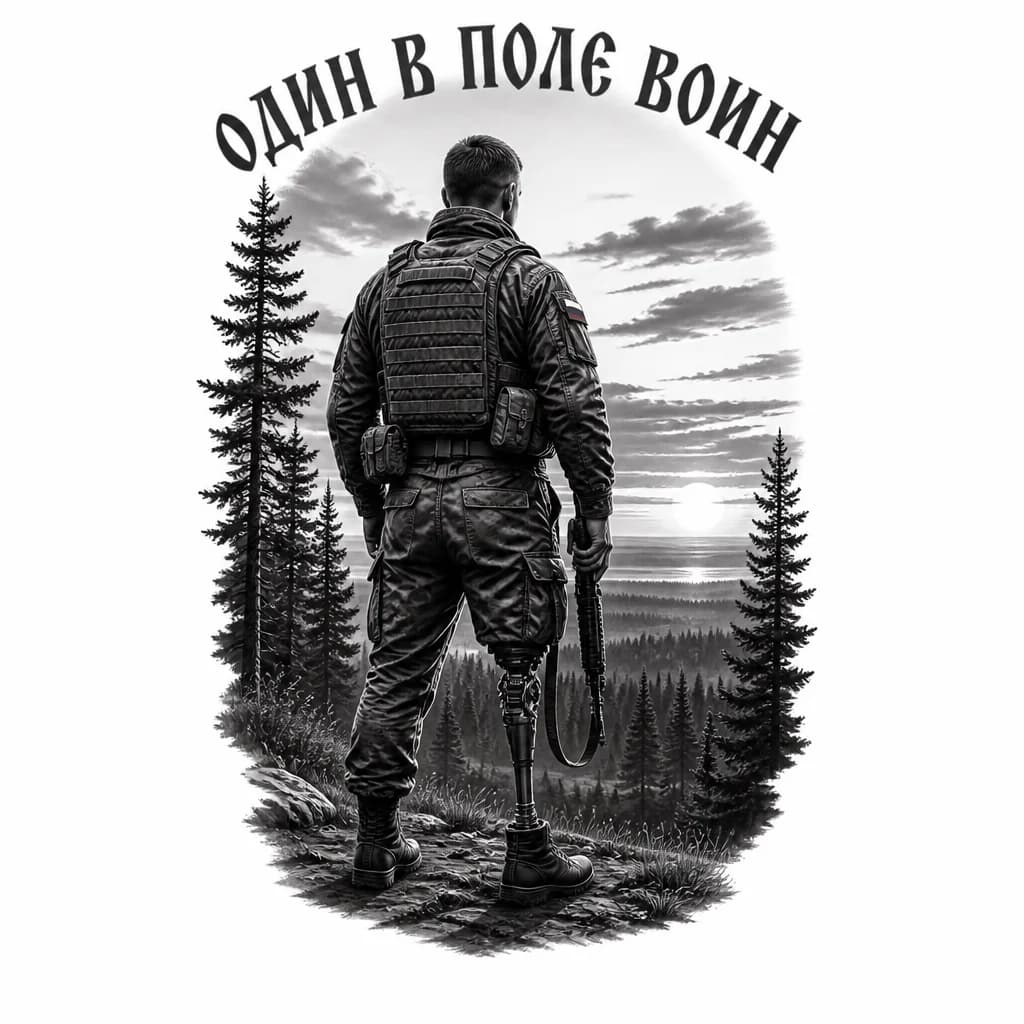 Тату эскиз: Солдат росии стоит спиной на протезе на фоне леса и заката  сверху надпись руками " один в поле воин "