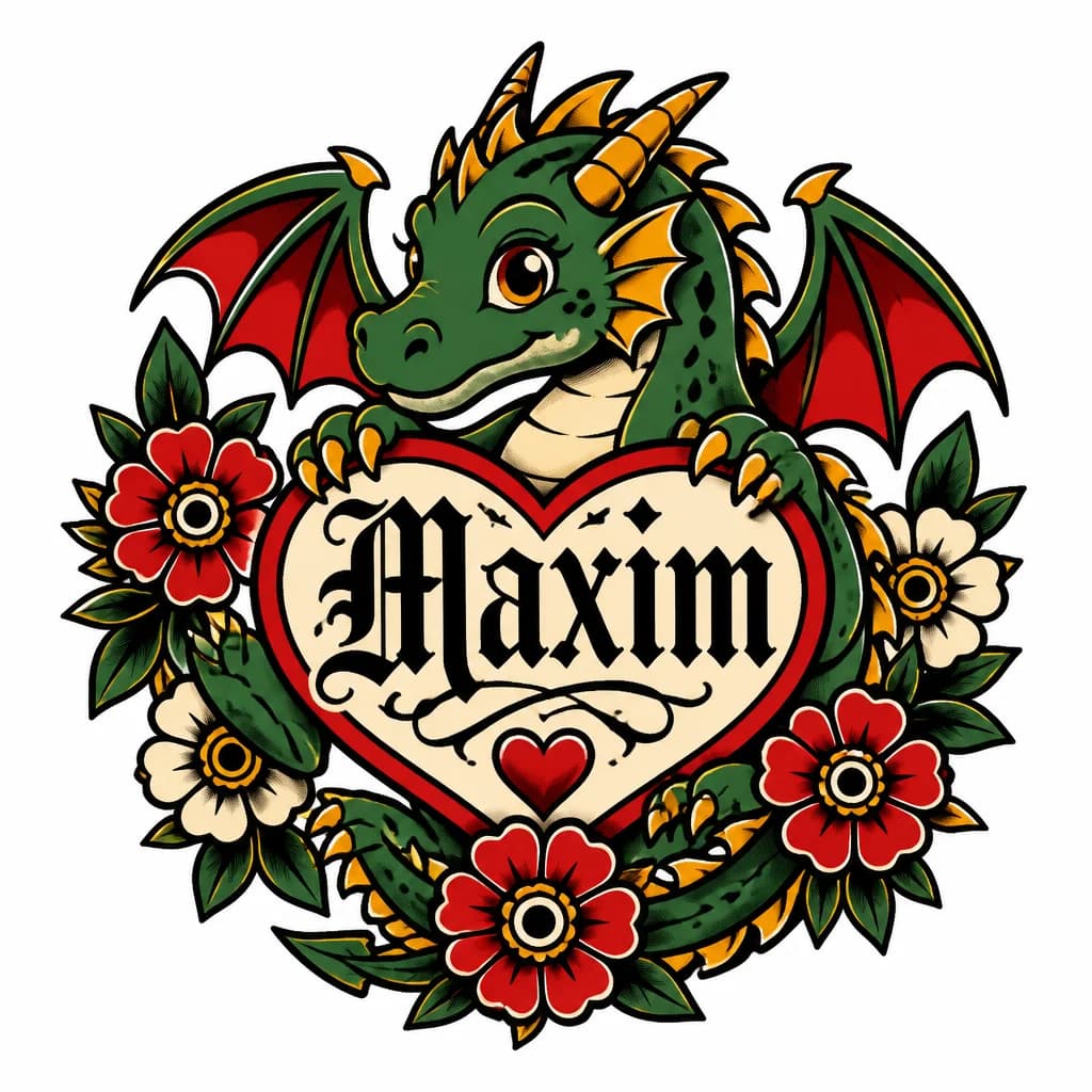 Тату эскиз: Милый добрый дракончик с именем Maxim и с сердечком. Вокруг дракончика цветы, а в дракончике имя Maxim. Имя Maxim буквы должны быть в готическом стиле с красивыми пересекающимися линиями. Располежение татуировки будет на плече девушке. 