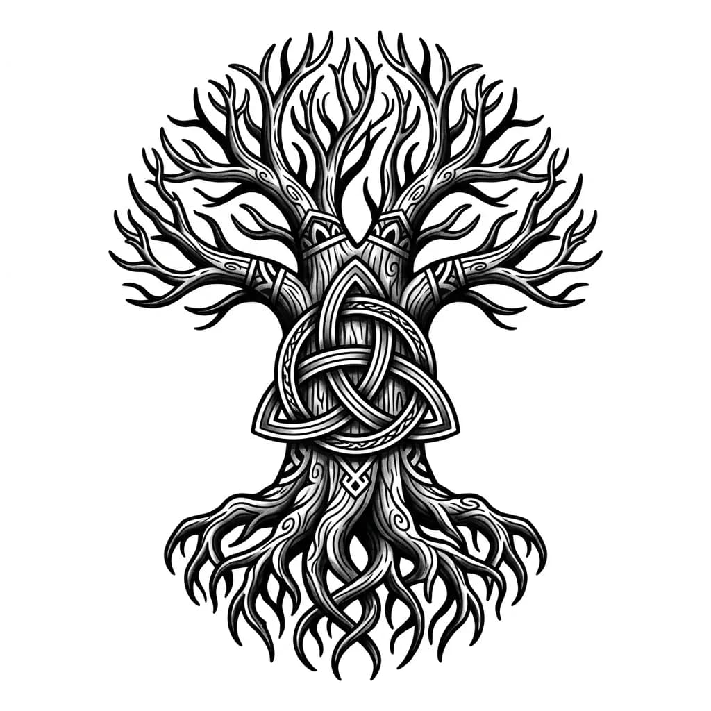 Эскиз татуировки в традиционном славянском стиле, blackwork. Центральная композиция — мощное Древо Рода (Мировое Древо), с глубокими переплетёнными корнями внизу и раскидистой кроной вверху, стилизованное под древнерусскую деревянную резьбу и народный орнамент. 

В центре ствола — крупный, сложный и детально переплетённый символ Триглав: три петли сильно и плотно переплетены между собой множеством узлов, как мощный древний оберег. 

