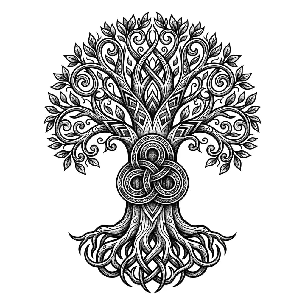 Эскиз татуировки в традиционном славянском стиле, blackwork. Центральная композиция — мощное Древо Рода (Мировое Древо), с глубокими переплетёнными корнями внизу и раскидистой кроной вверху, стилизованное под древнерусскую деревянную резьбу и народный орнамент. 

В центре ствола — крупный, сложный и детально переплетённый символ Триглав: три петли сильно и плотно переплетены между собой множеством узлов, как мощный древний оберег. 

