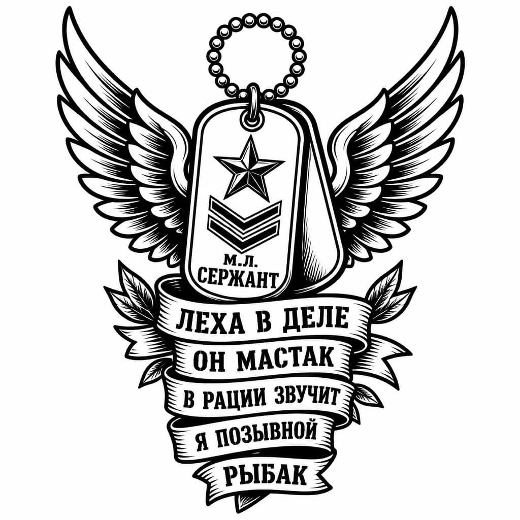 Тату эскиз: Тату с армейским жетоном расправляющий крылья и ниже надпись “Мл. Сержант Леха в деле он мастак
В рации звучит я позывной Рыбак 