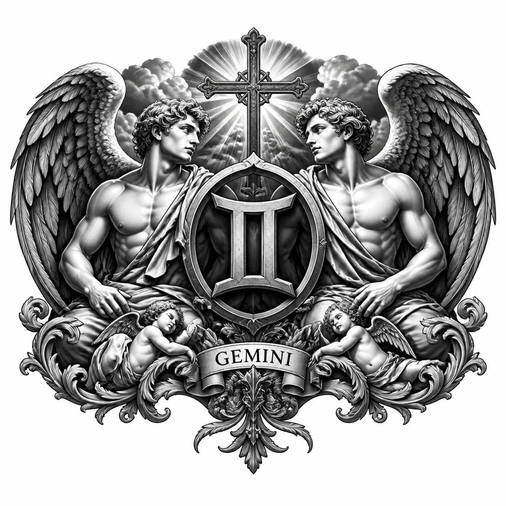 Тату эскиз: Тату знак зодиака близнецы в религиозной тематике 