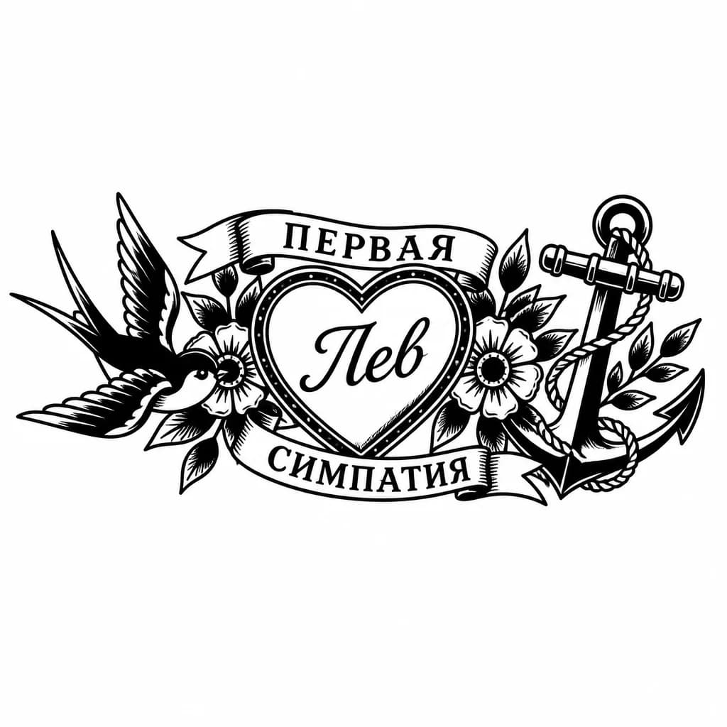 Тату эскиз: Красивый текст на русском языке, символ первой любви
