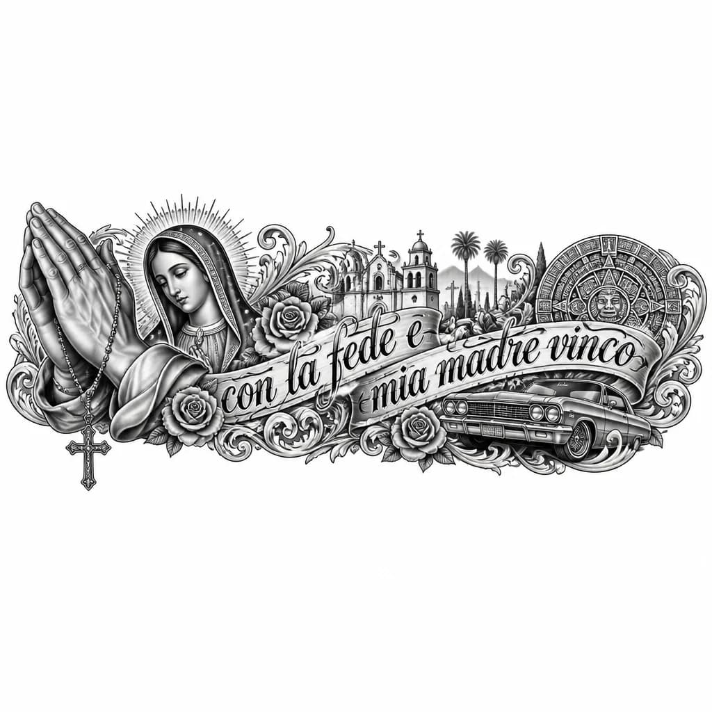 Тату эскиз: Молящиеся руки (Praying Hands):Суть: Классический элемент Чикано. Руки, сложенные в молитве (часто с зажатыми четками или крестом), символизируют чистую веру и благодарность матери. На прелбчет с другой стороны по кости присутствует надпись на итальянском con la fede e mia madre vinco