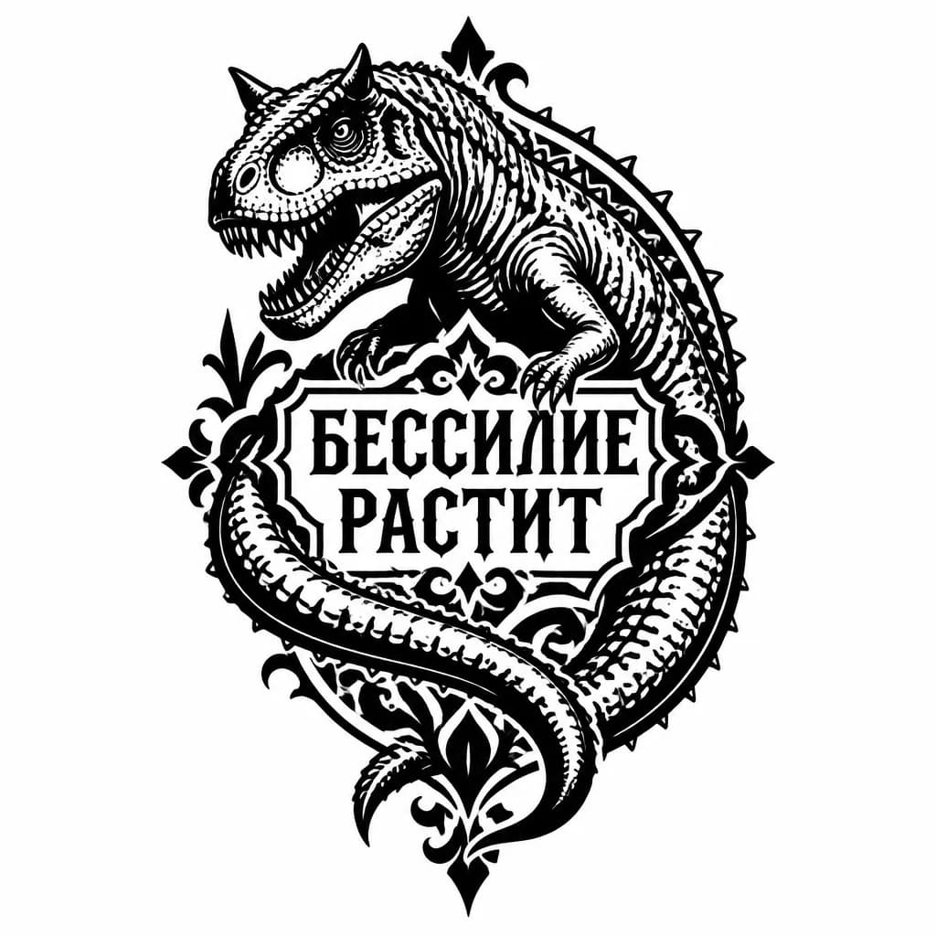 Тату эскиз: динозавр карнотавр охватывает надпись