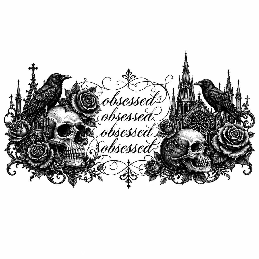 Тату эскиз: Слово obsessed каллиграфическим почерком с множествой линии
