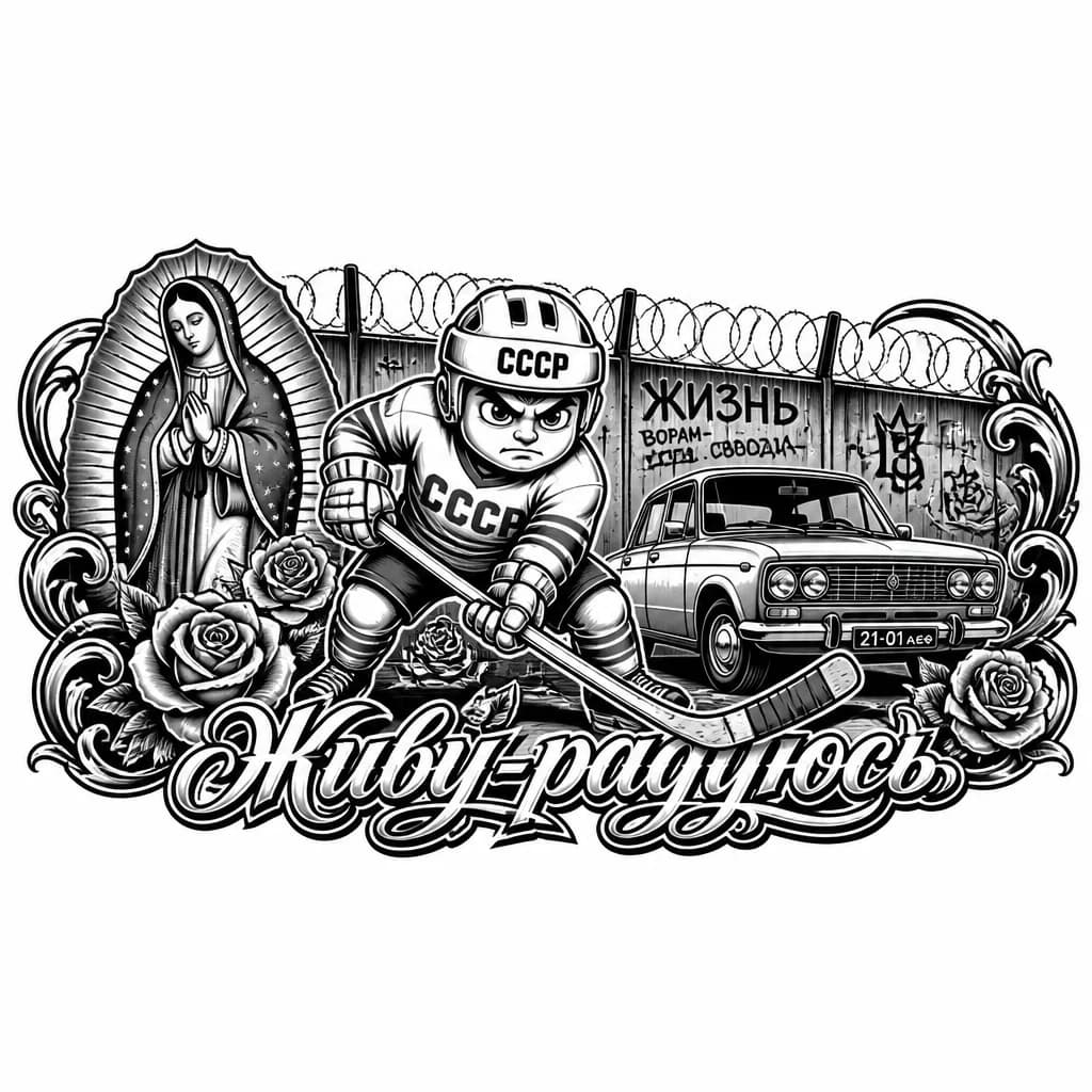 Тату эскиз: Мультяшный хоккеист из советского мультфильма "Шайбу! Шайбу!", агрессивный взгляд, держит клюшку. На заднем фоне — глухой забор с колючей проволокой и силуэт классического советского автомобиля ВАЗ-2101 "Жигули". Стиль: плотный черный контур, олдскул графика, высокая детализация, готовый тату-эскиз