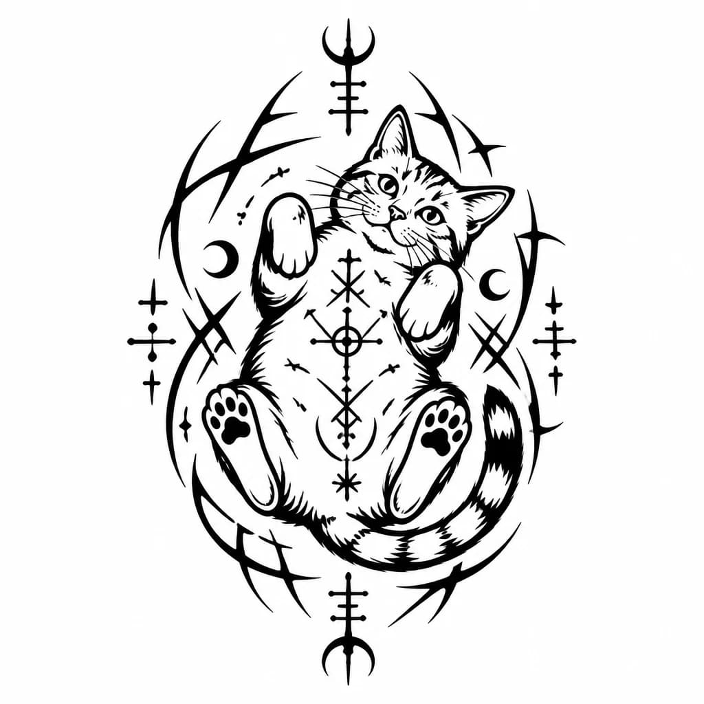 Тату эскиз: Vector tattoo design of a cat lying on its back, cybersigilism style, sharp aggressive organic lines, blackwork, minimalist, high contrast, white background.